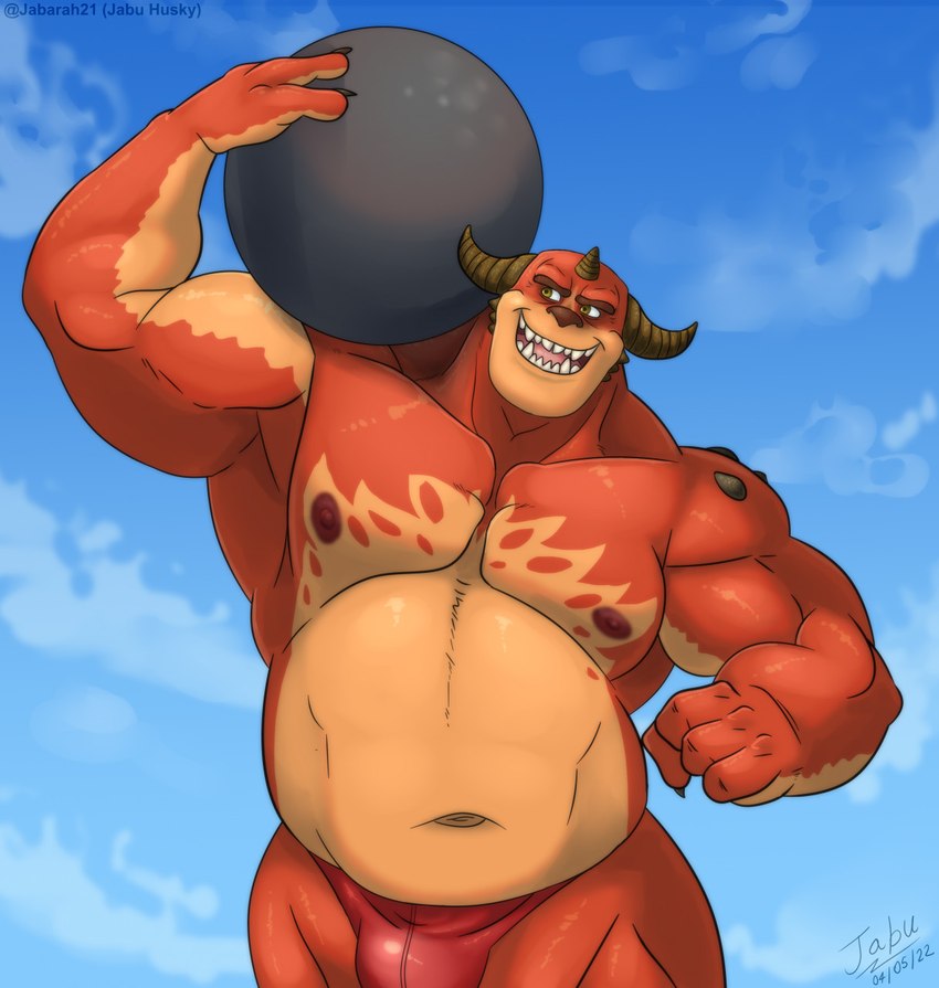 2_horns anthro biceps bulge clothing horn male musclegut muscular muscular_anthro muscular_male nipples scales solo thong underwear jabuhusky rumble_(movie) steve_(rumble) kaiju scalie hi_res