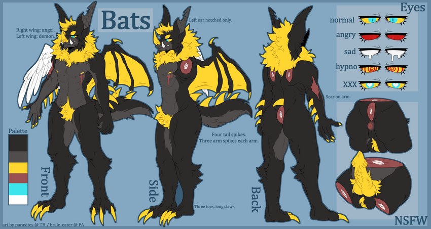 anthro anus ball_tuft balls bat_ears bat_nose bat_wings biped black_body black_fur blue_border blue_eyes border circle_eyebrows claws color_swatch crotch_tuft empty_eyes erection eyebrows feathered_wings feathers finger_claws fur genitals grey_body grey_fur hair heart_eyes heart_pupils heart_symbol knot long_claws male membrane_(anatomy) membranous_wings nipples nude paws penile_spines penis scar simple_background solo spiked_penis spikes spikes_(anatomy) spiral_eyes stylized_empty_eyes stylized_eyes tail_spines text toe_claws tuft tusks underbite white_eyes wing_claws wings xxx yellow_body yellow_fur yellow_nipples yellow_sclera brain-eater bats_(lambiechops) angel bat demon hybrid mammal absurd_res digital_media_(artwork) english_text hi_res model_sheet