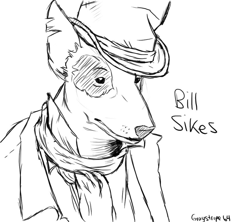 alternate_species anthro beady_eyes black_nose clothed clothing fur furrification hat headgear headwear male notched_ear simple_background solo text topwear white_background graystripe64 oliver_twist_(book) bill_sikes bull_terrier canid canine canis domestic_dog hunting_dog mammal terrier 2010 black_and_white character_name digital_drawing_(artwork) digital_media_(artwork) english_text line_art monochrome