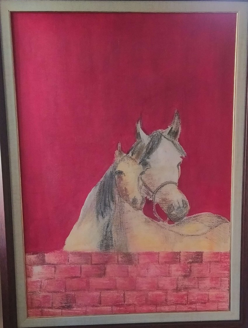 ambiguous_gender brick_wall duo looking_at_viewer low_wall red_background simple_background wall_(structure) lied_etal equid equine horse mammal acrylic_painting_(artwork) hi_res mixed_media painting_(artwork) pastel_(artwork) traditional_media_(artwork)