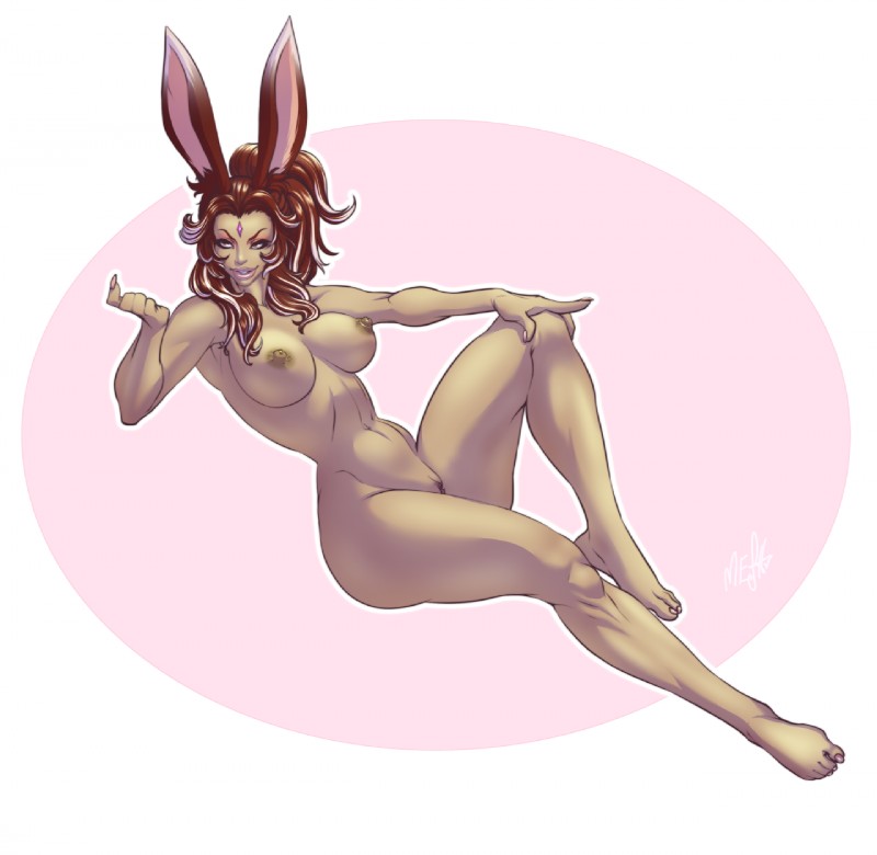 breasts female genitals hair navel nipples nude pussy red_hair simple_background smile solo meshpet final_fantasy square_enix animal_humanoid humanoid lagomorph lagomorph_humanoid mammal mammal_humanoid viera 2019 hi_res