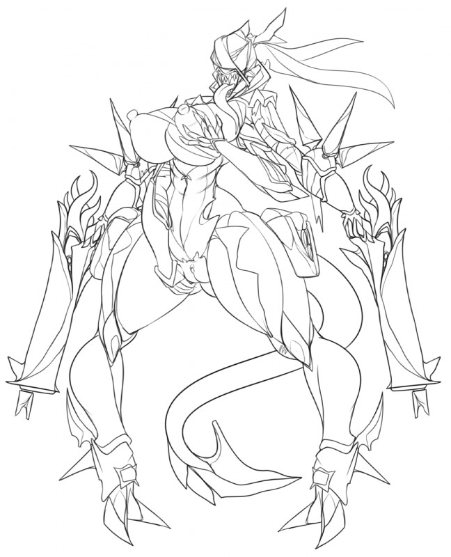 big_breasts breasts clitoris female genitals gun hand_on_breast holding_breast huge_breasts long_tongue multi_arm multi_limb nipples not_furry pussy ranged_weapon sharp_teeth solo teeth tongue weapon lewdreaper digital_extremes tencent warframe mesa_(warframe) alien infested_(warframe) mawframe monster tenno hi_res monochrome