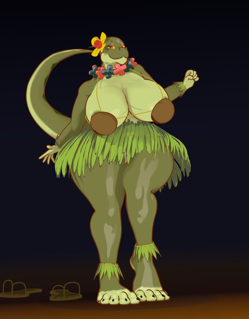 5_fingers 5_toes anthro areola areola_slip big_breasts breasts claws clothing coconut_bra countershading feet female fingers flip_flops footwear green_body hula mature_female sandals shoes solo thick_thighs toe_claws toes i2lsx margret_stalizburg reptile scalie snake 2022 3d_(artwork) absurd_res digital_media_(artwork) hi_res