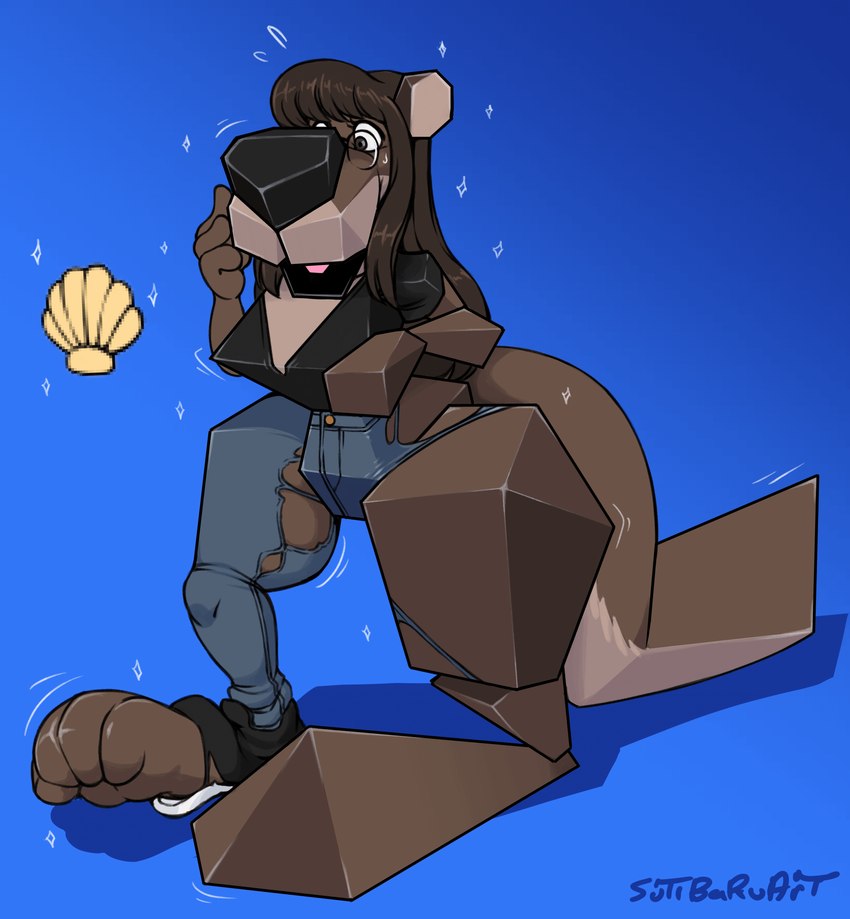 anthro black_lips black_nose blue_background bottomwear brown_body clothing eyewear female glasses hair lips pants polygons round_glasses simple_background solo standing surprise torn_clothing transformation sutibaru otter_(blackshirtboy) mammal mustelid otter 2020 hi_res