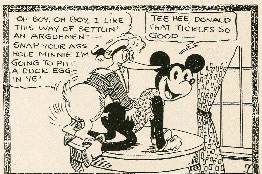 1930s_theme cheating_husband cheating_wife clothing female footwear furniture genitals gloves handwear high_heels infidelity interspecies male penis sex shoes sofa table text tijuana_bible vintage unknown_artist disney donald_duck minnie_mouse anatid anseriform avian bird duck mammal mouse murid murine rodent 20th_century ancient_art english_text monochrome traditional_media_(artwork)