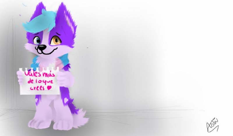 anthro blue_hair fur hair heart_symbol heterochromia holding_object holding_paper lgbt_pride looking_at_viewer paper pride_colors purple_body purple_fur scarf solo text transgender_pride_colors nikobunbun purpy canid canine canis domestic_dog husky mammal nordic_sled_dog spitz spanish_text translated