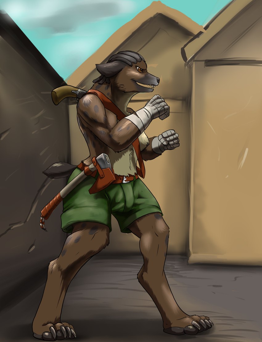 anthro athletic axe bandage barefoot bone bottomwear brawler bulge clothed clothing dreadlocks feet gun gynomorph intersex mercenary muscular ranged_weapon shorts shotgun solo topless weapon oniontrain gnoll hyena mammal digital_media_(artwork) hi_res