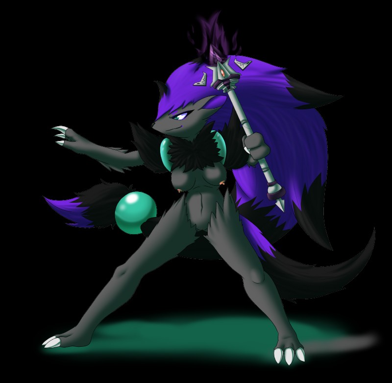 anthro anthrofied areola big_breasts black_body black_fur black_hair breasts female fur genitals green_eyes grey_body grey_fur grin hair jewelry nipples pokemorph purple_hair pussy simple_background smile solo transparent_background latiar hyrule_warriors nintendo pokemon the_legend_of_zelda azula_arktandr canid canine generation_5_pokemon hybrid mammal pokemon_(species) zoroark 2015 alpha_channel crossover hi_res