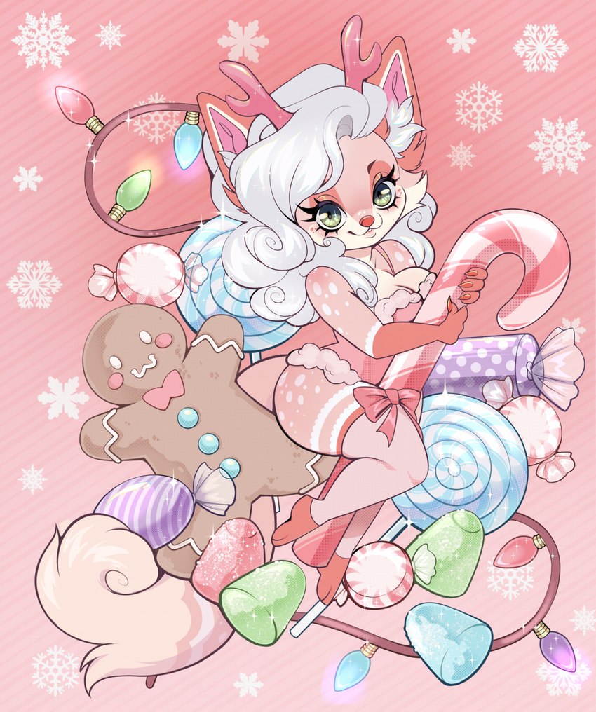 :3 abstract_background anthro antlers bow_(feature) breasts candy candy_cane chibi cleavage clothed clothing dessert dwarfism eyelashes female food gingerbread_man green_eyes hair holidays horn leotard lollipop looking_at_viewer short_stack smile snowflake solo sparkles sparkling_antlers sparkling_horn tail thick_thighs white_hair spookieghoulie christmas canid mammal 2023 hi_res