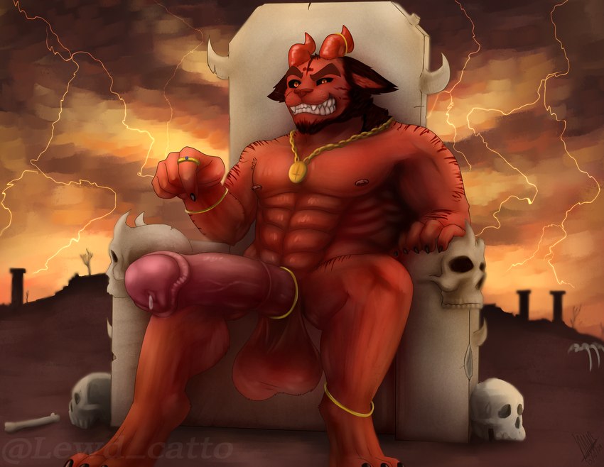 abs angry animal_genitalia animal_penis anthro balls big_balls big_pecs big_penis bone chair command cross equine_genitalia equine_penis furniture genitals huge_penis infernal inverted_cross male muscular pecs penis solo throne vermell worship_request lewd_catto demon felid mammal colored full-length_portrait hi_res portrait