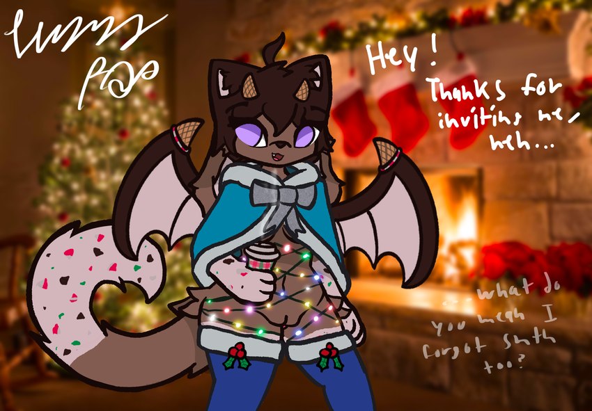 4_ears anthro blue_clothing bottomless breasts brown_body brown_fur candy candy_cane christmas_clothing christmas_lights clothed clothing coffee_cup container cup dessert female food fur genitals holidays holly_(plant) horn legwear multi_ear peppermint_(candy) plant plump_labia purple_eyes pussy ribbons solo sprinkles tail thigh_highs under_boob white_body white_fur wings fizzy_pop_ex christmas mythology candy_fizzy_(fizzy_pop) canid canine dragon felid feline food_creature furred_dragon furred_scalie hybrid mammal mythological_creature mythological_scalie scalie hi_res