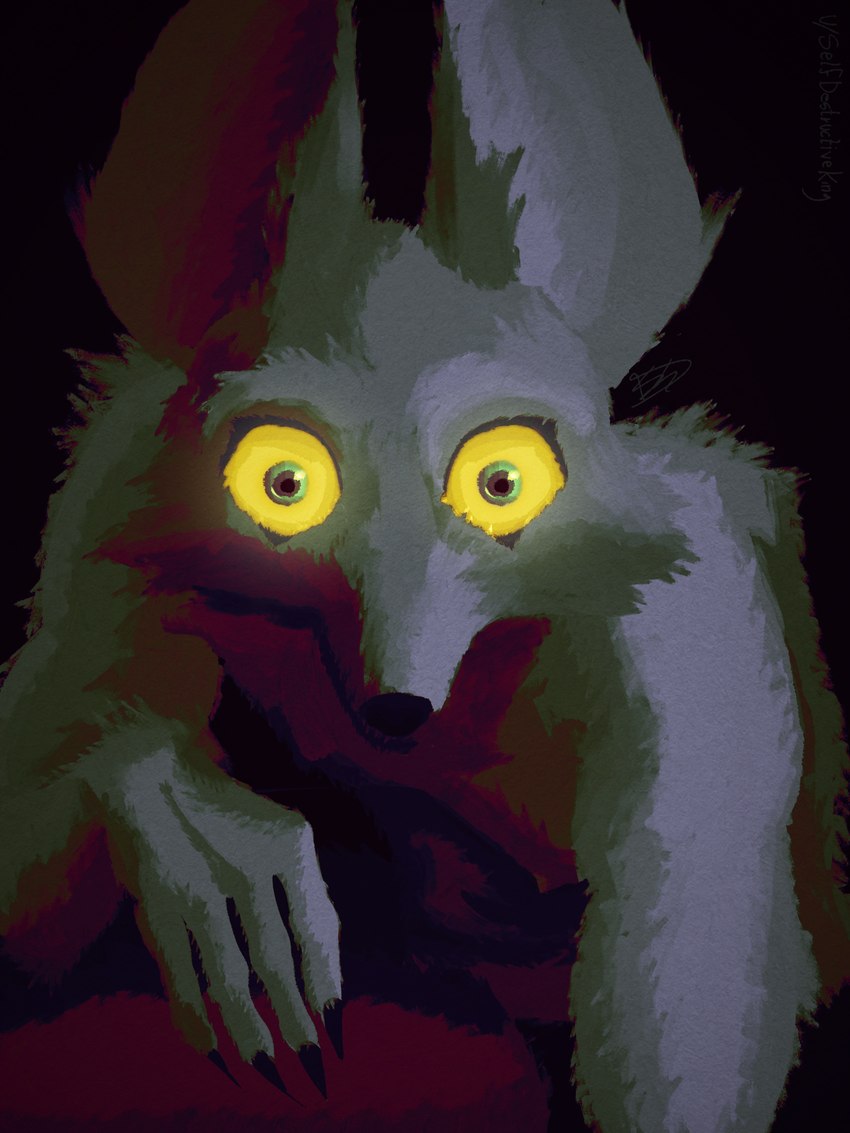 5_fingers anthro big_ears black_background claws clothed clothing eyelashes fingers glowing glowing_eyes green_eyes horror_(theme) long_nails looking_at_viewer male nipples simple_background solo topless topless_anthro topless_male yellow_sclera selfdestructking canid canine canis mammal wolf 3:4 absurd_res digital_media_(artwork) digital_painting_(artwork) hi_res