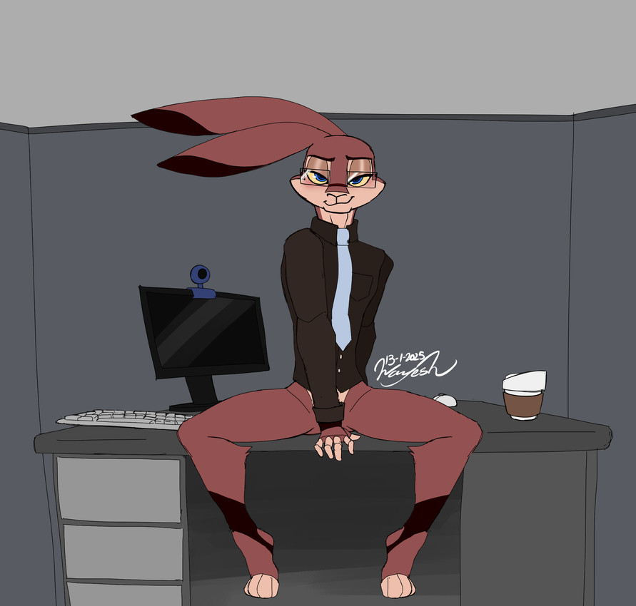 andromorph andromorph_anthro anthro athletic athletic_andromorph athletic_anthro athletic_intersex blue_eyes blush bottomless bottomless_andromorph bottomless_anthro bottomless_intersex brown_body brown_fur clothed clothed_andromorph clothed_anthro clothing collared_shirt computer_monitor convenient_censorship dress_shirt eyewear fur glasses hand_censor intersex intersex_anthro multicolored_body multicolored_fur necktie office shirt sitting_on_desk smug solo spread_legs spreading tan_body tan_fur topwear two_tone_body two_tone_fur unprofessional_behavior wayesh muzakir_(wayesh) hare lagomorph leporid mammal hi_res signature