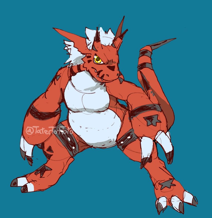 ambiguous_gender anthro belly claws hair markings pecs red_body simple_background sketchy solo tail white_hair yellow_eyes tatertottoto bandai_namco digimon digimon_(species) growlmon