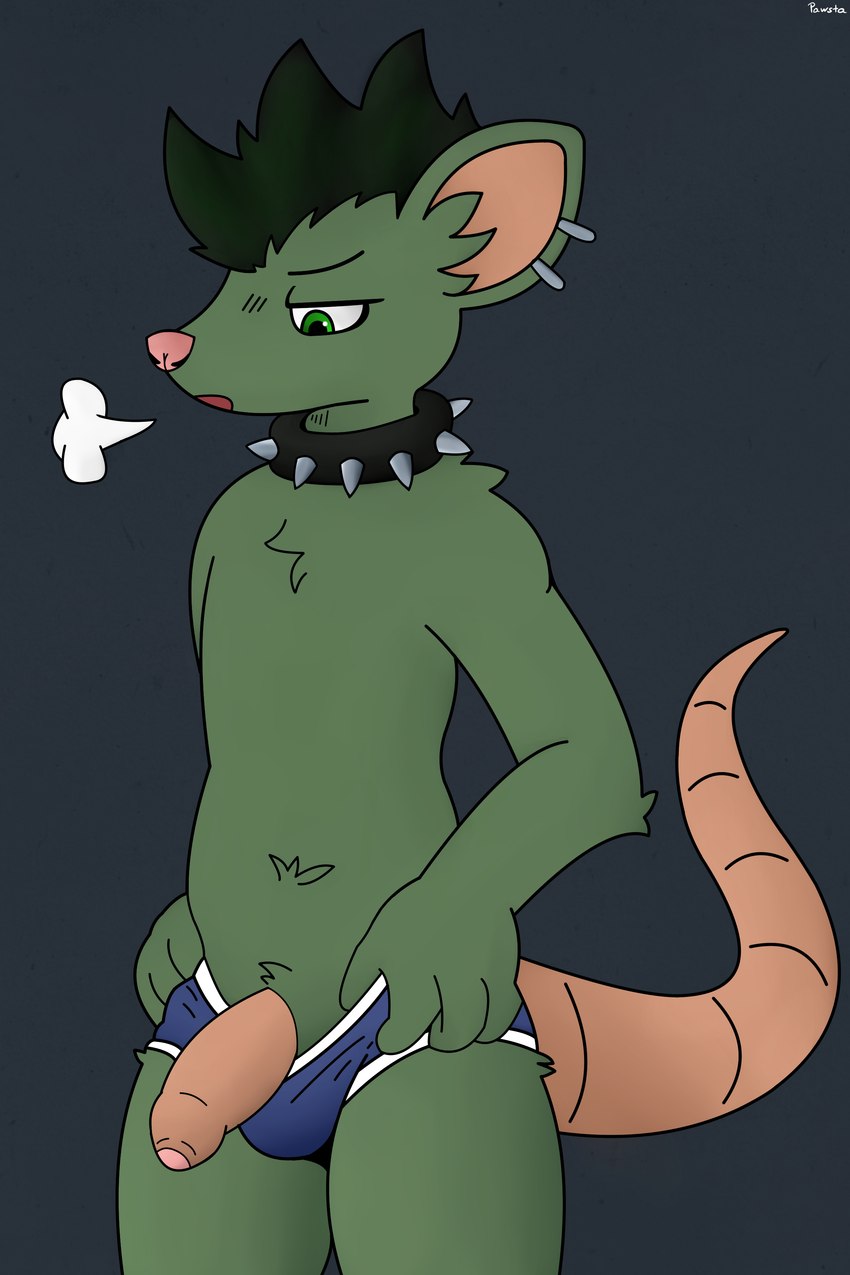 anthro black_hair clothing collar foreskin genitals green_eyes green_hair hair long_tail male penis piercing sigh solo spiked_collar spikes tail thick_tail underwear conditional_dnp pawsta pawsta_(character) mammal murid murine rat rodent 2:3 absurd_res hi_res