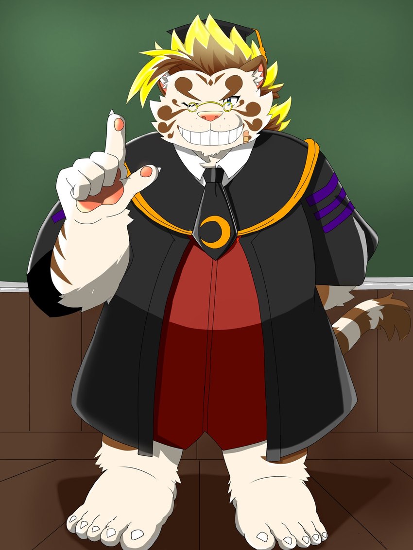 anthro classroom clothing cosplay eyes_closed eyewear fur glasses hat headgear headwear inside kemono male necktie one_eye_closed school slightly_chubby solo white_body white_fur wink p9ck0flzndagqio assassination_classroom lifewonders tokyo_afterschool_summoners koro-sensei licho_(tas) felid mammal pantherine tiger 2021 3:4 hi_res