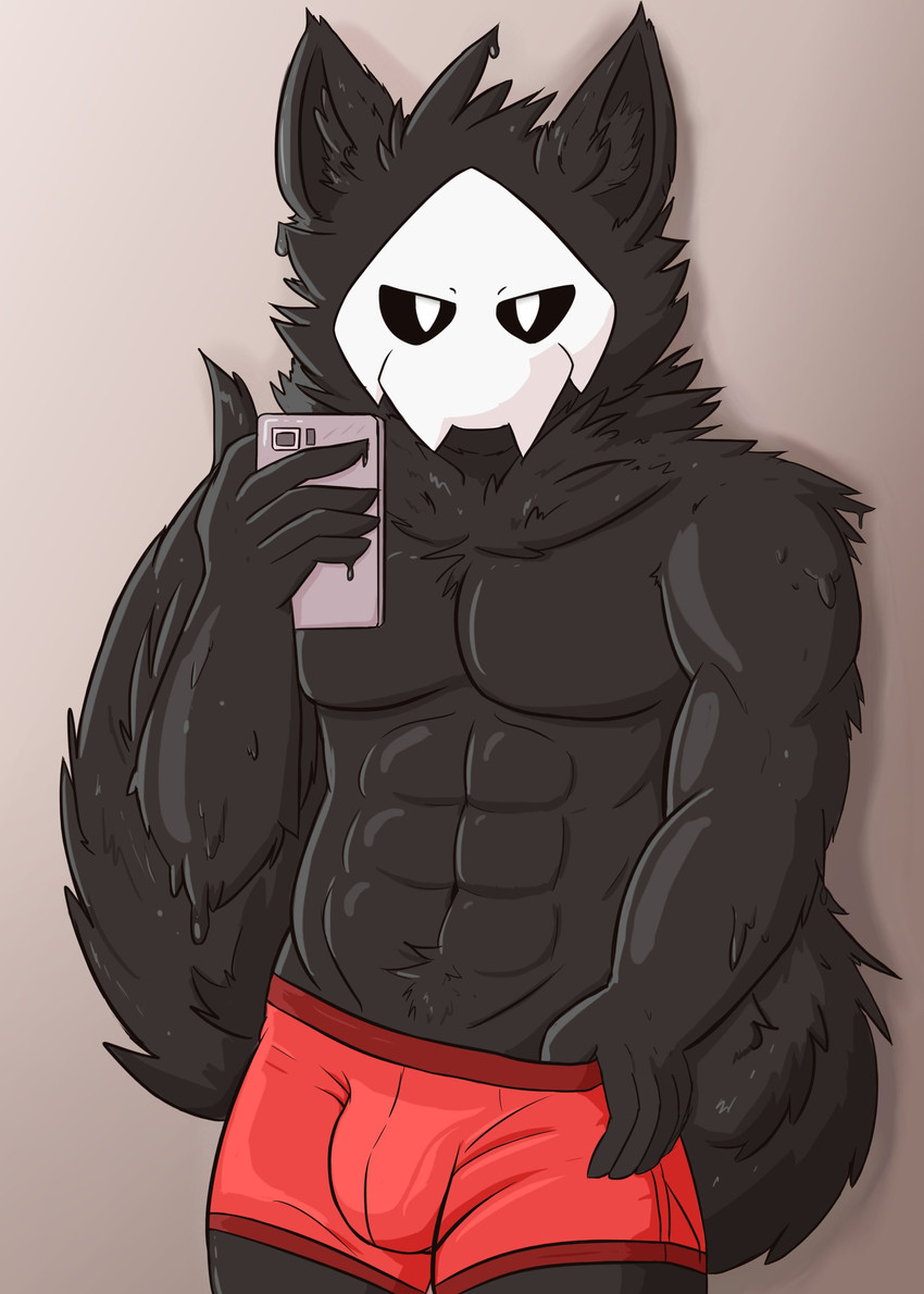 abs anthro biped black_body black_fur black_sclera bulge clothed clothing electronics fur male mask phone selfie simple_background solo standing underwear underwear_only white_eyes unknown_artist changed_(video_game) puro_(changed) canid canine canis dark_latex goo_creature mammal wolf absurd_res hi_res portrait three-quarter_portrait