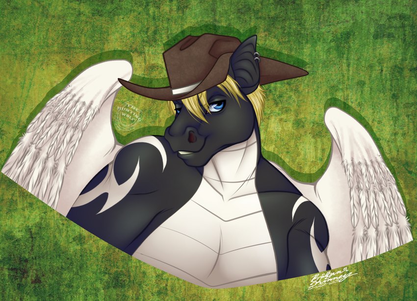 anthro clothing cowboy feathers hat headgear headwear male outlaw solo western wings thehuntingwolf mythology darkdragon23 angel dragon mythological_creature mythological_scalie scalie hi_res