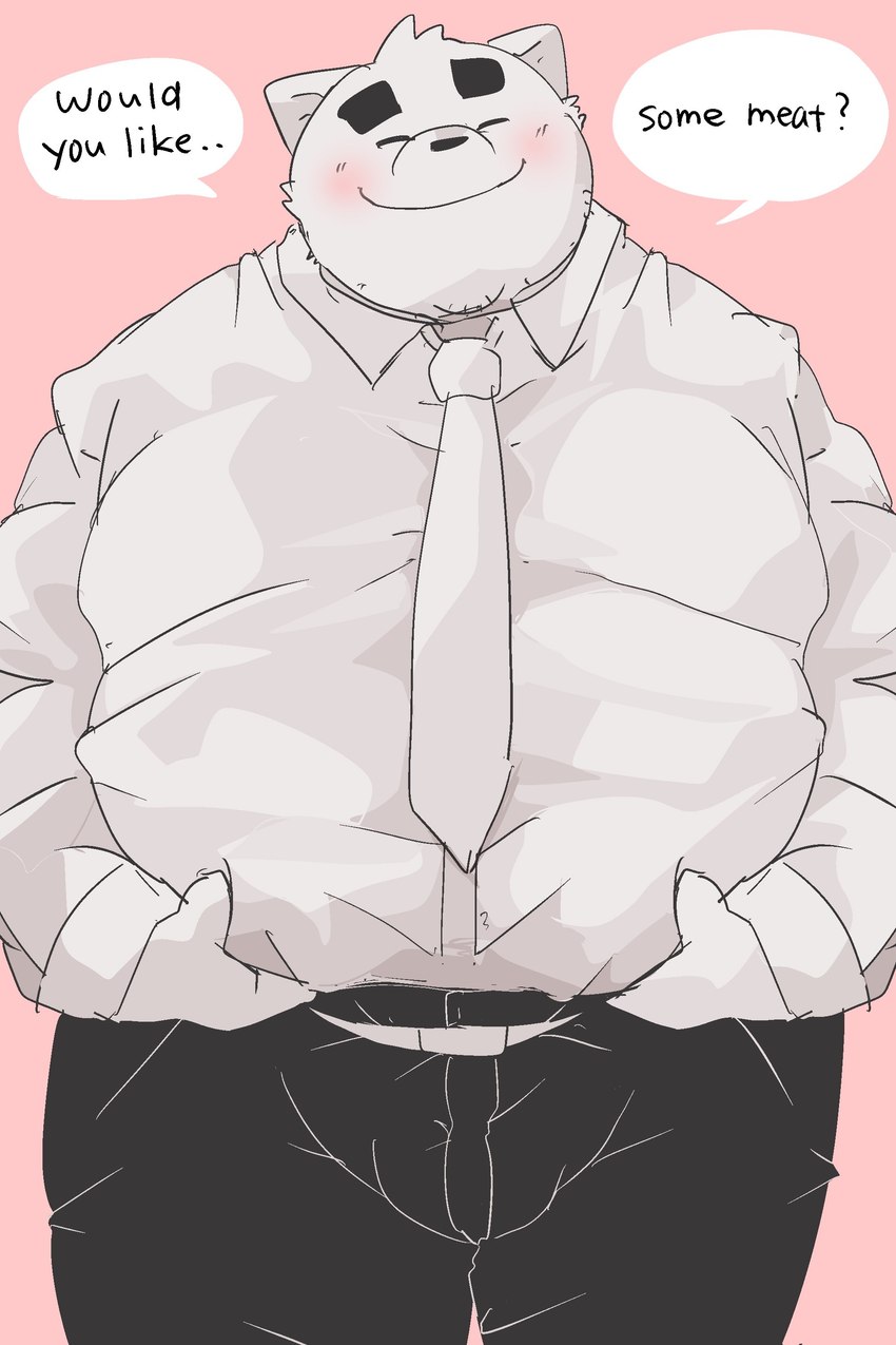 anthro belly big_belly blush bottomwear clothing dialogue eyes_closed kemono male necktie overweight overweight_male pants pink_background shirt simple_background smile solo text topwear dumdum mammal 2024 2:3 absurd_res english_text hi_res