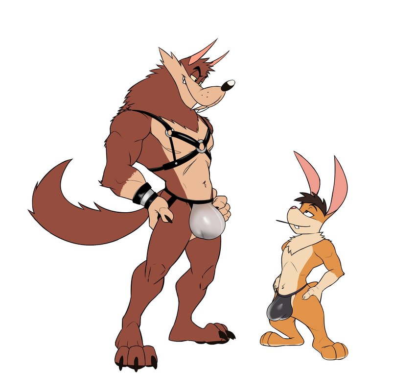 anthro anthro_on_anthro big_bulge buckteeth bulge bulge_size_difference claws clothing duo eyebrows fangs fur hair hands_on_hips harness jockstrap leather looking_at_another male male/male muscular muscular_anthro muscular_male narrowed_eyes navel plantigrade predator/prey sabertooth_(anatomy) simple_background size_difference smile standing teeth thong toony tuft underwear white_background wristband seyrmo billy_buns hank_howell_(piti_yindee) canid canine canis lagomorph leporid mammal rabbit wolf 2024 hi_res