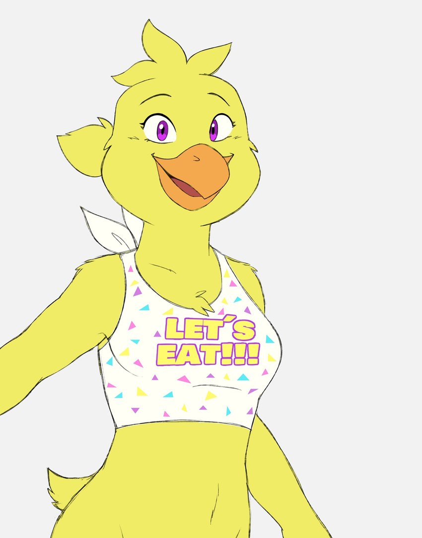 anthro beak breasts clothing feathers female non-mammal_breasts solo yellow_body yellow_feathers ijpalette-color five_nights_at_freddy's scottgames chica_(fnaf) avian bird chicken galliform gallus_(genus) phasianid digital_media_(artwork) hi_res