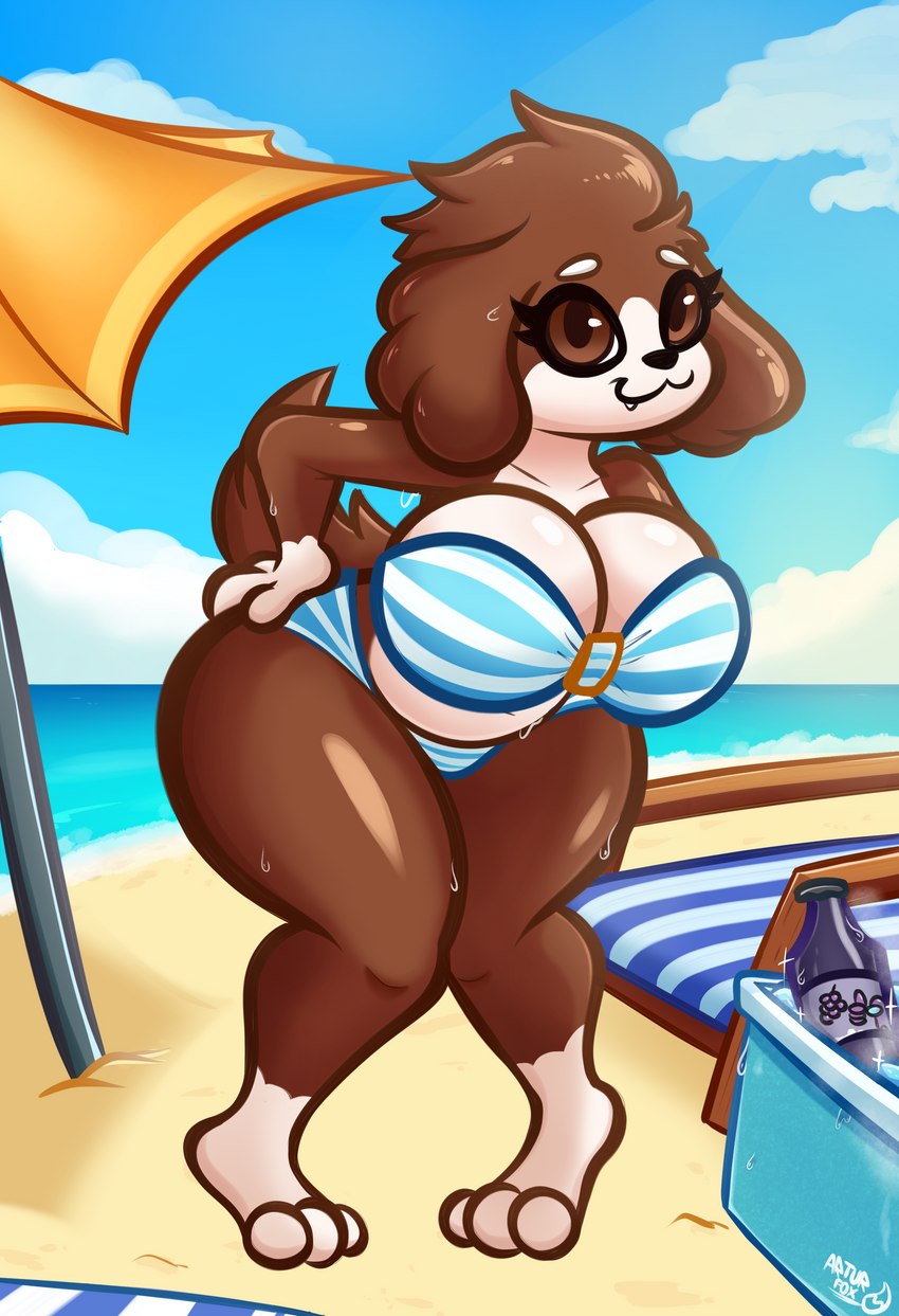 3_toes 4_fingers anthro beach beach_mat beverage big_breasts big_butt bikini blue_bottomwear blue_clothing blue_sky blue_topwear bodily_fluids bottomwear breast_squish breasts brown_body brown_eyes brown_fur brown_tail butt chair clothing cloud cooler eyebrows eyelashes feet female fingers fur furniture glistening glossy_body hand_on_butt huge_breasts huge_butt huge_thighs looking_at_viewer lounge_chair multicolored_body multicolored_fur sea seaside sky smile solo squish sweat swimwear tail tan_body tan_eyebrows tan_fur thick_thighs toes topwear two-piece_swimsuit two_tone_body two_tone_fur umbrella water arturfox mariesun bird_dog canid canine canis domestic_dog hunting_dog kooikerhondje mammal spaniel absurd_res hi_res