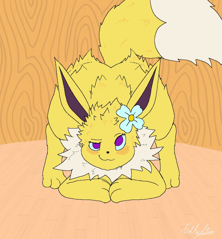 accessory blush female feral flower fluffy fur hair hair_accessory looking_at_viewer plant purple_eyes solo tail yellow_body nathylution nintendo pokemon nathaly_brightspark canid canine eeveelution generation_1_pokemon jolteon mammal pokemon_(species) absurd_res digital_media_(artwork) hi_res pixel_(artwork)