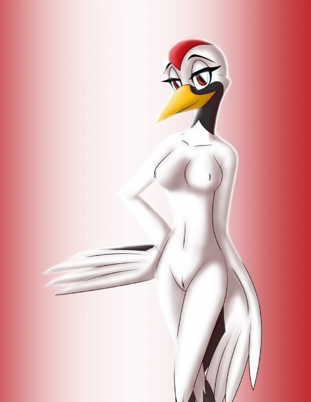 anthro beak bedroom_eyes eyebrows eyelashes feathered_wings feathers female half-closed_eyes narrowed_eyes nude pose seductive simple_background solo tail tail_feathers wings whitephoenix52 feather_6 yuriko_(aidagull) avian bird crane_(bird) gruiform grus_(genus) red-crowned_crane hi_res