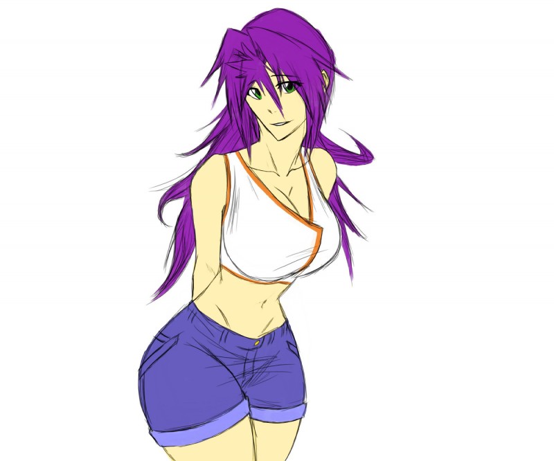 alternate_species big_breasts biped bottomwear breasts cleavage clothed clothing denim denim_bottomwear denim_clothing female green_eyes hair hands_behind_back humanized jeans long_hair looking_at_viewer not_furry pants purple_hair shorts simple_background sleeveless smile solo standing thick_thighs white_background wide_hips ryuakira amelia_cresci human mammal 2009 6:5 archived_source grandfathered_content hi_res