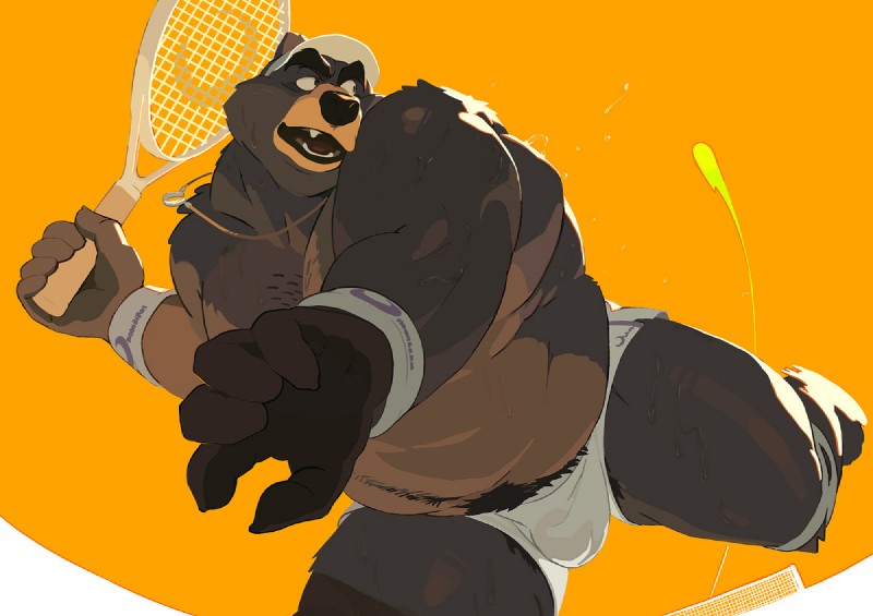 action_pose anthro ball belly bodily_fluids bottomwear bulge clothed clothing humanoid_hands kemono male musclegut muscular muscular_male orange_background overweight overweight_anthro overweight_male perspective pose shorts simple_background solo sport sportswear sweat tennis tennis_ball tennis_court tennis_racket topless motogen bear mammal 2020