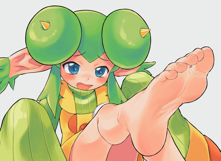 5_toes barefoot blue_eyes blush clothing embarrassed feet female foot_focus green_hair hair humanoid_feet long_sleeves open_mouth plantigrade soles solo sweater toes topwear oyatsu puyo_puyo sega lidelle animal_humanoid humanoid hi_res