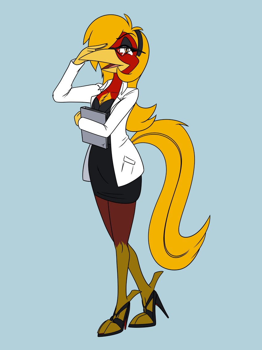 accessory anthro beak clothed clothing coat crossdressing eyeliner eyewear feathers footwear glasses hair headband high_heels lab_coat legwear long_hair long_tail makeup male pantyhose red_body red_feathers shoes solo tail topwear yellow_beak yellow_body yellow_feathers whitephoenix52 glori_gamebird avian bird chrysolophus galliform golden_pheasant phasianid 3:4 absurd_res hi_res