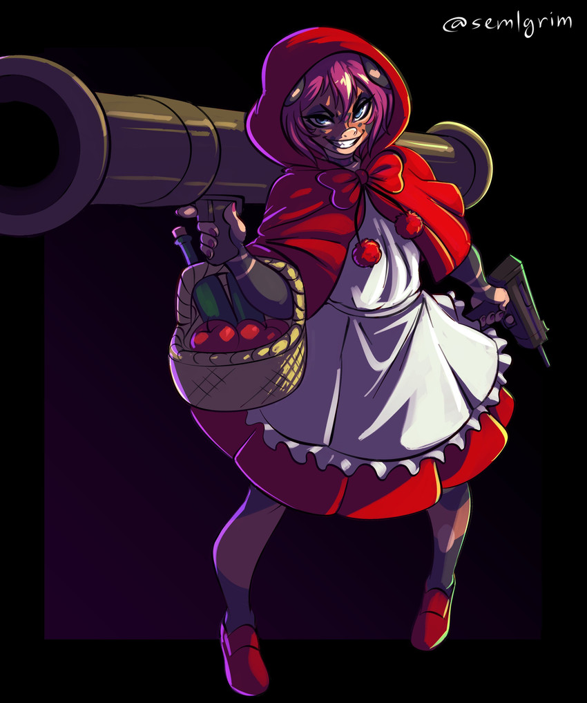 anthro apple basket blue_eyes bottle bow_(feature) choker cloak clothed clothing clothing_bow colored_nails container cosplay female food footwear fruit grin gun hair holding_gun holding_object holding_ranged_weapon holding_weapon jewelry looking_at_viewer mac-10 nails necklace pink_nails plant ranged_weapon rocket_launcher shoes short_hair smile solo submachine_gun weapon sem-l-grim capcom darkstalkers military_armament_corporation b.b._hood billie_corneja domestic_pig mammal suid suine sus_(pig) 2020 absurd_res hi_res signature