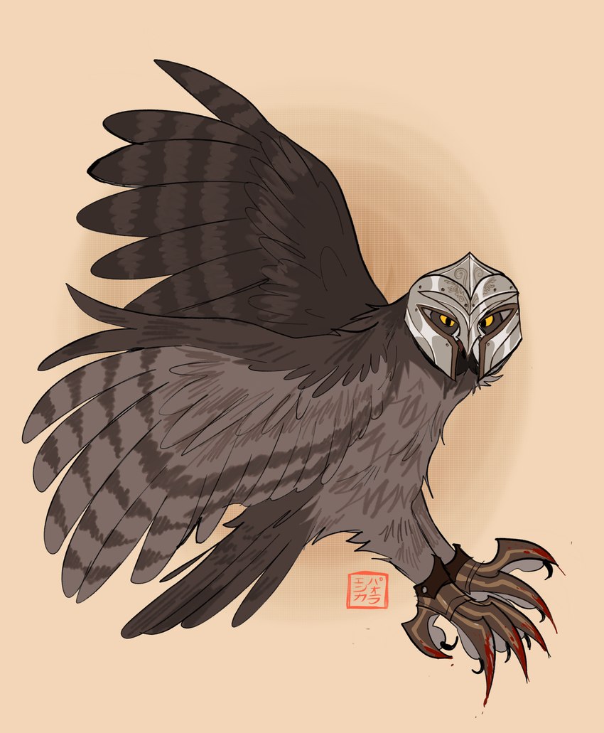 armor battle_claws blood bodily_fluids claws feathers feral flying grey_body grey_feathers headgear helmet male simple_background solo toe_claws yellow_eyes kabuki-aku guardians_of_ga'hoole twilight_(gogh) avian bird great_grey_owl owl strix_(genus) true_owl hi_res