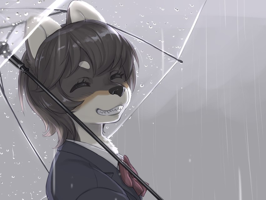 anthro bangs black_nose clothed clothing eyes_closed female grey_background hair kemono pose raining school_uniform short_hair side_view simple_background smile smiling_at_viewer solo teeth_showing translucent_umbrella umbrella uniform kikurage inukoro_(kikurage) kuroshiba_nagomi canid canine canis domestic_dog mammal 4:3 bust_portrait digital_media_(artwork) digital_painting_(artwork) greyscale monochrome painting_(artwork) portrait spot_color