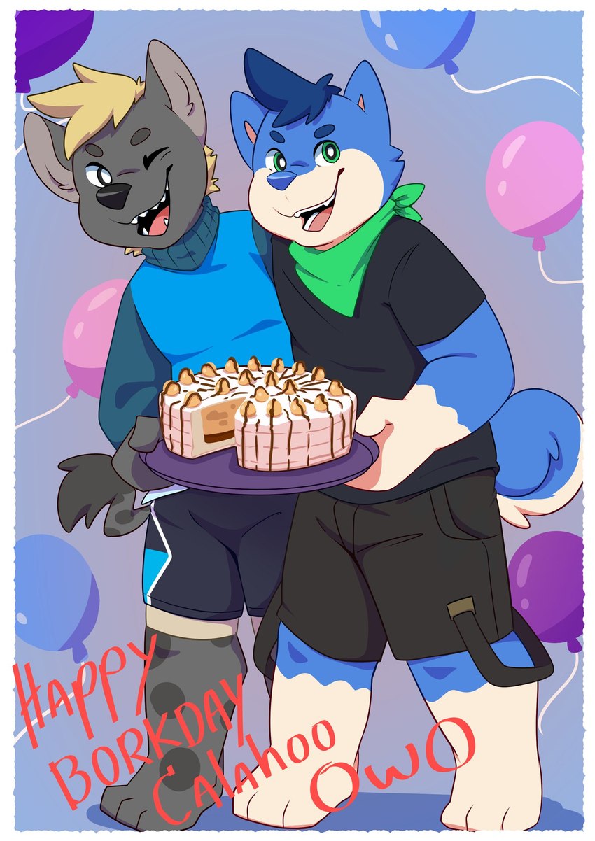 anthro arm_around_back balloon birthday birthday_cake cake cookie_dough curled_tail dessert duo food ice_cream_cake inflatable kerchief layered_clothing male male/male neckerchief neckwear smile tail bluechubbywolf calahoo_(calahootheyeen) zeike_(bluechubbywolf) canid canine canis domestic_dog hybrid hyena mammal shiba_inu spitz spotted_hyena wolf hi_res