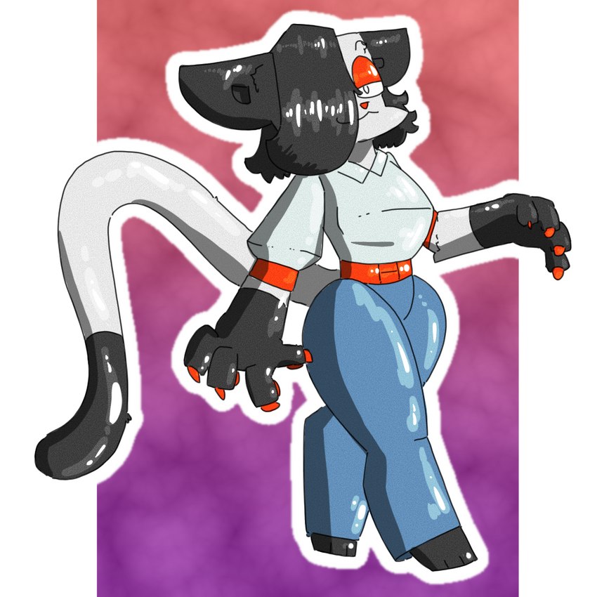 anthro belt black_body black_fur black_hair black_tail_tip clothed clothing colored_nails dipstick_tail female fur hair looking_at_viewer markings nails red_eyelids red_nails short_hair solo tail tail_markings white_body white_fur theenyface anne_(theenyface) domestic_cat felid feline felis mammal 1:1 cel_shading digital_drawing_(artwork) digital_media_(artwork) shaded