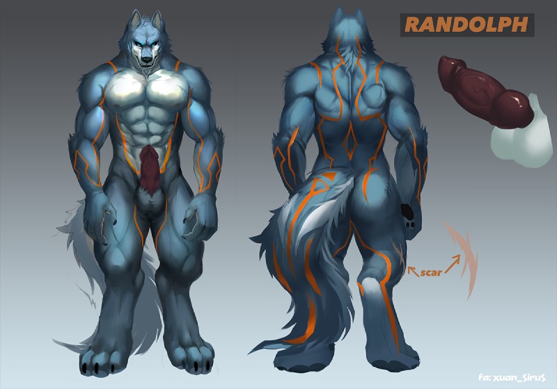 abs animal_genitalia animal_penis anthro back_muscles balls biceps biped black_nose blue_body blue_eyes blue_fur butt canine_genitalia canine_penis claws countershading digitigrade erection front_view fur genitals knot looking_at_viewer male muscular muscular_anthro muscular_male nipples nude orange_body orange_fur pawpads pecs penis rear_view sheath solo standing toe_claws vein white_body white_countershading white_fur xuan_sirius randolph_(xuan_sirius) canid canine canis mammal wolf 2016 model_sheet