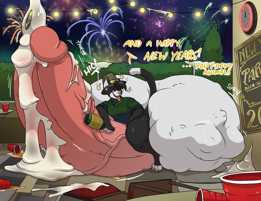 5_fingers anthro balls big_balls big_penis black_body black_fur bodily_fluids bottle cock_vore container cum cum_on_ground drunk feet fingers fireworks fur genital_fluids genitals holding_bottle holding_container holding_object holidays huge_balls huge_penis hyper hyper_balls hyper_genitalia hyper_penis inside_balls male penile penis pink_penis substance_intoxication text toes vore white_balls erigawn new_year new_year_2023 marcel_c._jacquin domestic_cat felid feline felis mammal 2023 english_text hi_res