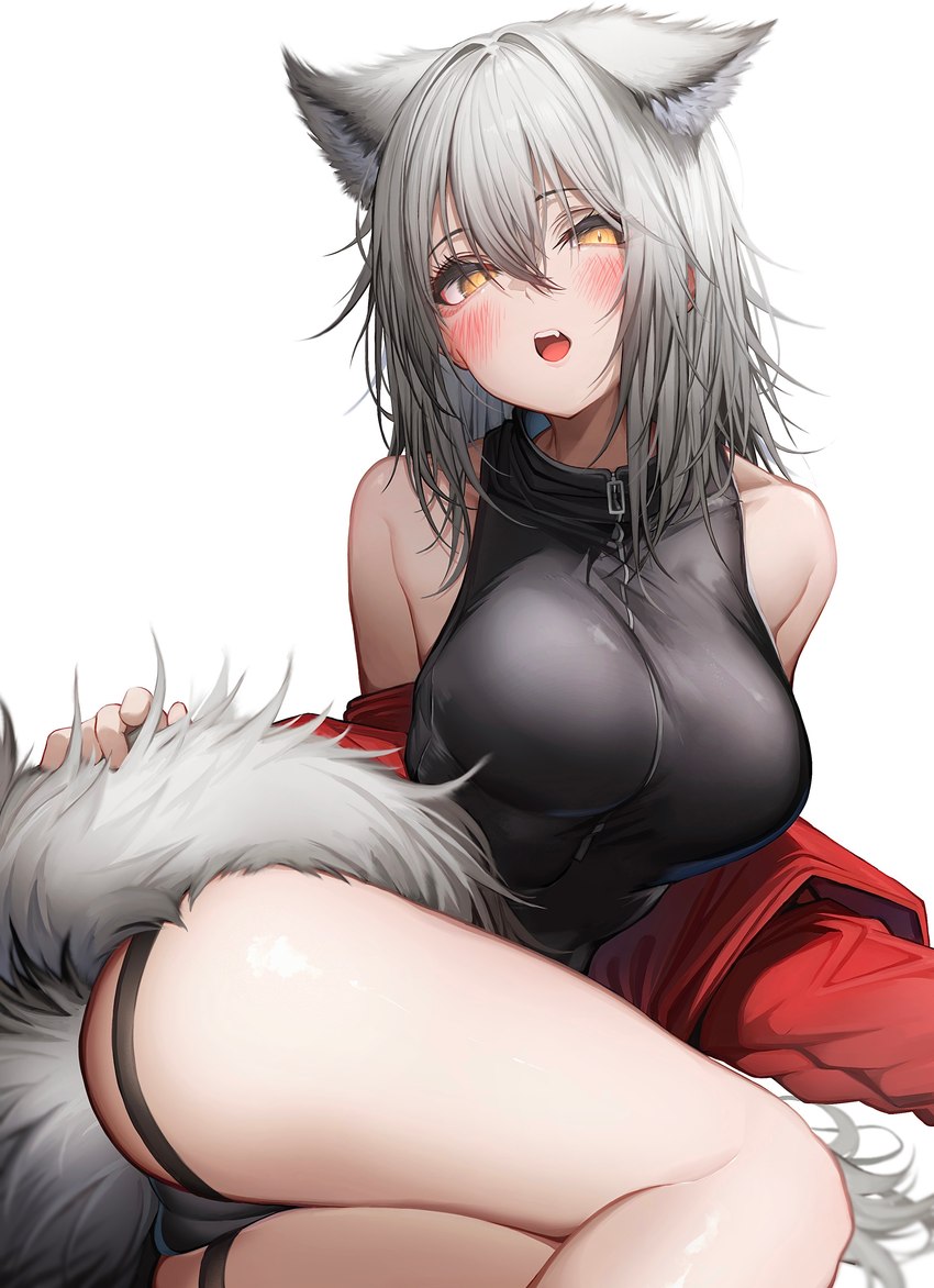 big_breasts blush breasts camel_toe female grey_hair hair looking_at_viewer open_mouth simple_background solo white_background yellow_eyes tabhead arknights hypergryph studio_montagne projekt_red_(arknights) animal_humanoid canid canid_humanoid canine canine_humanoid humanoid mammal mammal_humanoid wolf_humanoid 2024 absurd_res hi_res