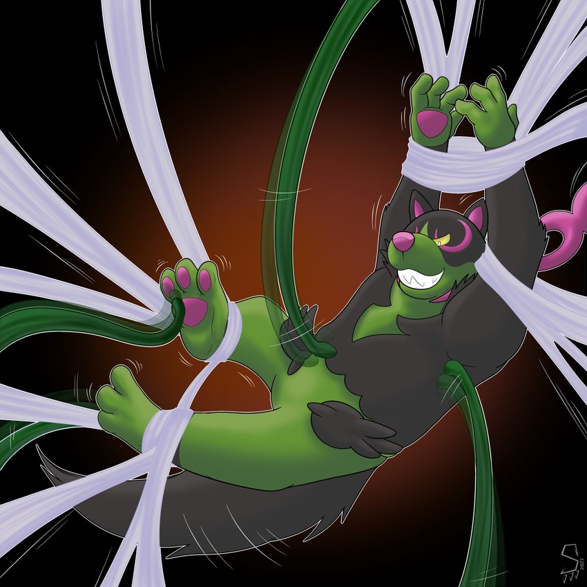 3_toes 4_fingers ambiguous_gender anthro bdsm black_background black_body black_fur bondage bound eyes_closed feet fingers fur green_body green_fur pawpads paws plant pointy_ears prick_ears simple_background smile solo spider_web teeth tickle_torture tickling tickling_armpits tickling_feet tickling_sides toes toxic_chain vines siberio nintendo pokemon canid canine canis domestic_dog generation_9_pokemon legendary_pokemon mammal okidogi pokemon_(species) 1:1 2023