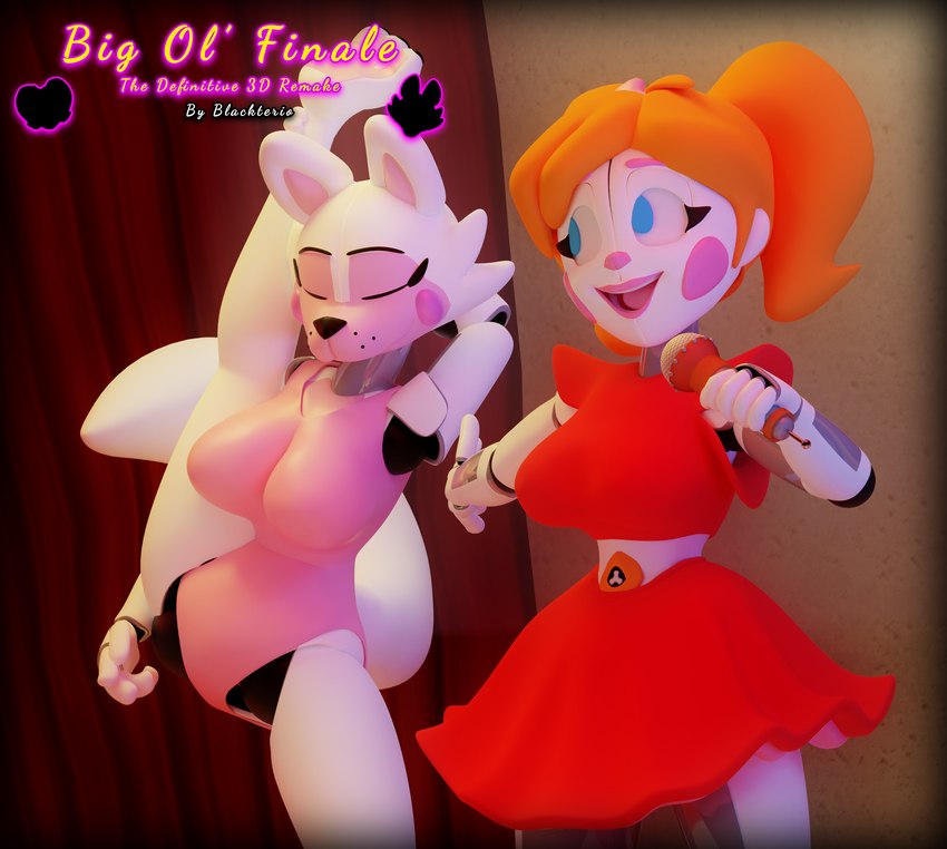 anthro blue_eyes bottomwear clothed clothing duo eyes_closed female female/female fingers fully_clothed hair machine orange_hair pink_clothing pink_suit red_bottomwear red_clothing red_skirt red_topwear skirt suit topwear white_body blackterio five_nights_at_freddy's scottgames sister_location circus_baby_(fnaf) funtime_foxy_(fnaf) animatronic canid canine fox humanoid mammal robot 3d_(artwork) blender_(artwork) digital_media_(artwork) hi_res