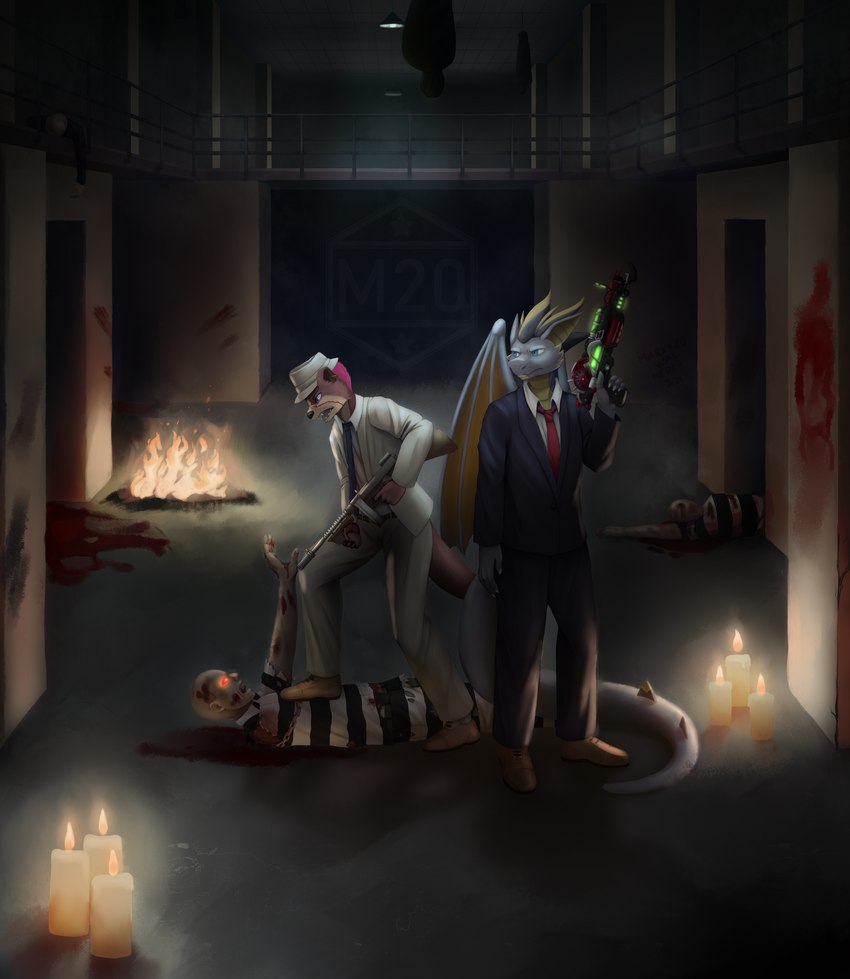 anthro blood blood_on_clothing blood_on_ground blood_on_wall blood_splatter bodily_fluids clothing death duo gun male male/male mobster pointing_gun pose ranged_weapon raygun suit suit_and_tie tail weapon marxx20 activision call_of_duty call_of_duty:_black_ops_ii mythology ember_wisks frostfire_(frosty) dragon mammal mustelid mythological_creature mythological_scalie scalie undead zombie absurd_res hi_res