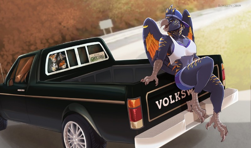 4_fingers 4_toes amber_eyes anthro backwards_hat beak big_breasts biped black_body black_feathers bottomwear bra breasts butt clothed clothing crop_top detailed_background feathers feet female female_anthro fingers fully_clothed furgonomics furry-specific_piercing hat headgear headwear hotpants license_plate light_truck looking_at_viewer non-mammal_breasts orange_body orange_feathers outside pickup_truck piercing pose road_sign shirt shorts sitting small_waist solo sticker thick_thighs tire toes topwear truck underwear vehicle wheel wing_piercing wings royalty_(artist) volkswagen volkswagen_rabbit anila avian bird black_cockatoo cockatoo parrot red-tailed_black_cockatoo 2019 pinup