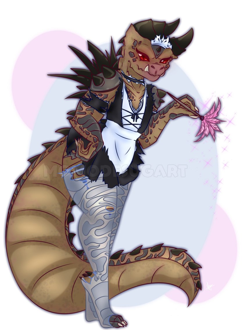 anthro big_tail brown_body brown_scales cleaning_tool clothing feather_duster femboy horn legwear maid_uniform male pupils red_eyes scales simple_background slit_pupils solo stockings tail thick_thighs torn_clothing torn_legwear torn_stockings uniform momodesugart fallout microsoft ashe_colter deathclaw scalie 3:4 hi_res