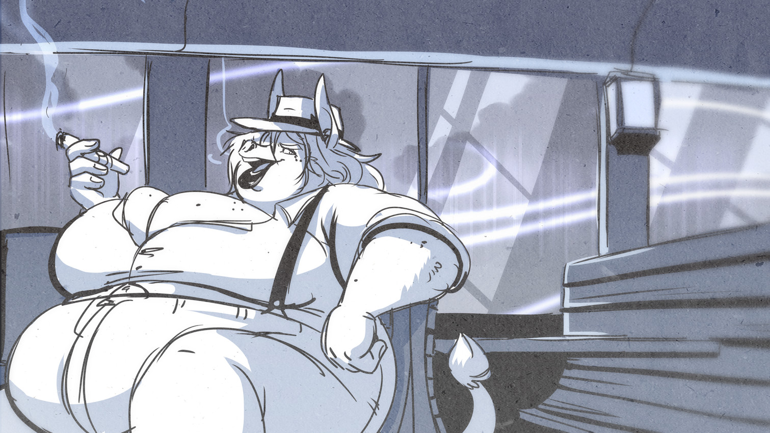 4_fingers anthro bent_arm bent_leg big_breasts black_lips booth booth_seating bottomwear breasts cigar cigar_smoke cleavage clothed clothed_anthro clothed_female clothing diner eyebrows female female_anthro fingernails fingers fully_clothed fully_clothed_anthro fully_clothed_female furniture grey_tail grey_tongue grey_wall hair hat headgear headwear holding_cigar holding_object huge_breasts inside lips long_hair nails noir obese obese_anthro obese_female open_mouth open_smile overweight overweight_anthro overweight_female pants raining restaurant smile smoke solo suspenders table tail tail_tuft teeth thick_bottom_lip thick_thighs tongue tuft wall_(structure) white_bottomwear white_clothing white_dress_shirt white_eyebrows white_eyes white_hair white_hat white_headwear white_pants white_tail_tuft window volkenfox jackie_(volkenfox) asinus donkey equid equine mammal 16:9 2025 digital_drawing_(artwork) digital_media_(artwork) english_description greyscale hi_res monochrome shaded widescreen