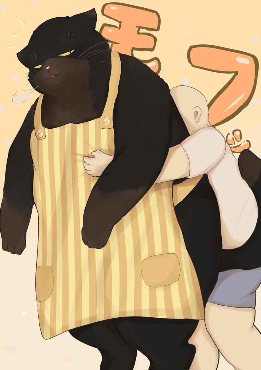 anthro apron apron_only black_body black_fur clothing digitigrade duo fur hug hugging_another hugging_from_behind male overweight overweight_male size_difference yellow_eyes echiechiiiiii the_masterful_cat_is_depressed_again_today yukichi domestic_cat felid feline felis human mammal hi_res