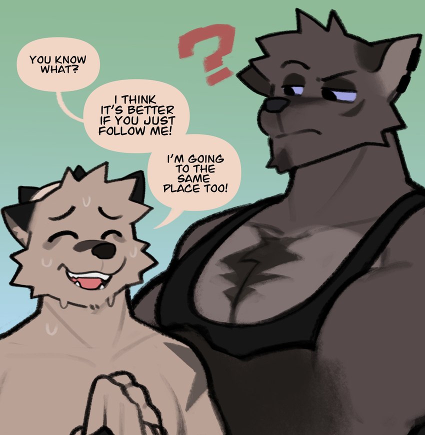 anthro biceps blush clothing dialogue duo male muscular muscular_male pecs shirt speech_bubble tank_top text topwear rygel_spkb canid canine canis domestic_dog mammal wolf absurd_res comic english_text hi_res