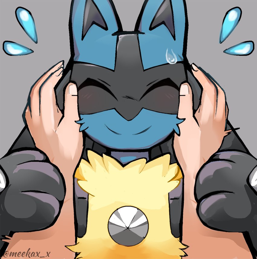 3_fingers ambiguous/ambiguous ambiguous_anthro ambiguous_gender ambiguous_human anthro anthro_focus arm_grab black_body black_fur black_inner_ear blue_body blue_ears blue_fur bodily_fluids chest_spike duo eyes_closed facial_tuft fingernails fingers first_person_view front_view fur gloves_(marking) grey_background hand_on_arm hand_on_face hand_spike hands_on_arms human_pov markings multicolored_body multicolored_ears multicolored_fur nails neck_tuft simple_background smile solo_focus spikes spikes_(anatomy) sweat sweatdrop tuft yellow_body yellow_fur meekax_x nintendo pokemon generation_4_pokemon human lucario mammal pokemon_(species) 2024 artist_name digital_media_(artwork) hi_res