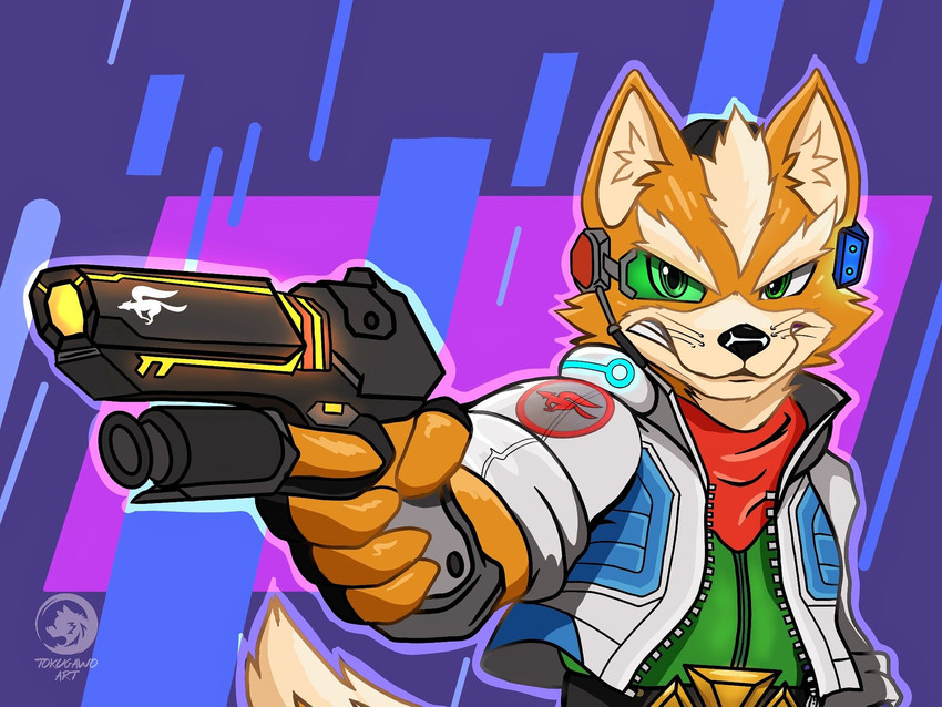 anthro black_nose cheek_tuft clothed clothing eyebrows facial_tuft fingers fur gloves green_eyes gun handwear head_tuft holding_object holding_weapon inner_ear_fluff jacket kerchief male orange_body orange_fur ranged_weapon solo tan_body tan_fur topwear tuft weapon whiskers dasoka tokuya nintendo star_fox fox_mccloud canid canine fox mammal 4:3 hi_res signature